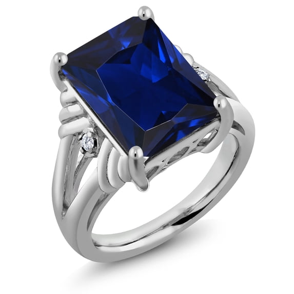 Gem Stone King 925 Sterling Silver Blue Created Sapphire and White Moissanite Engagement Ring for Women (10.03 Cttw, Gemstone September Birthstone, Emerald Cut 14X10MM, Size 7)