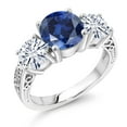 thumbnail image 1 of Gem Stone King 925 Sterling Silver Blue Created Sapphire and White Moissanite Engagement Ring for Women | 4.10 Cttw | Round 8MM | Gemstone September Birthstone | Size 6, 1 of 5