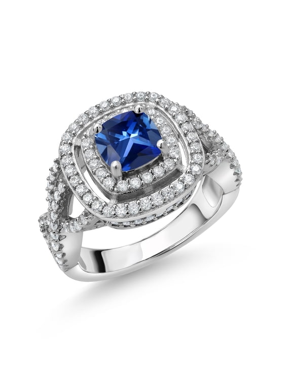 925 Sterling Silver Blue Created Sapphire and White Moissanite Ring for Women (1.91 Cttw, Gemstone Birthstone, Cushion Cut 6MM, Size 7)