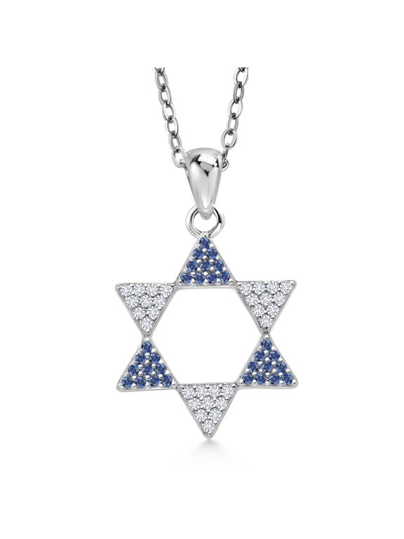 925 Sterling Silver Blue Created Sapphire and White Moissanite Star Of David Pendant Necklace for Women (0.42 Cttw, 15x15MM, 18 inch Chain)