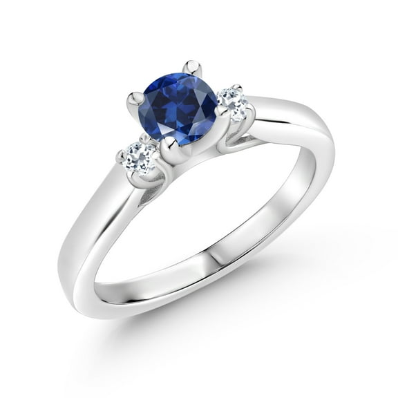 Gem Stone King 925 Sterling Silver Blue Created Sapphire and White Topaz 3-Stone Engagement Ring for Women (0.77 Cttw, Gemstone September Birthstone, Size 8)