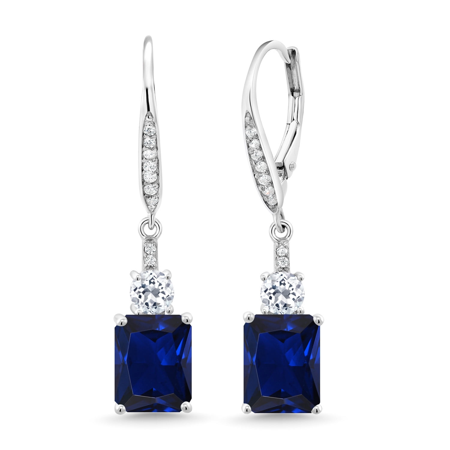 Gem Stone King 925 Sterling Silver Blue Created Sapphire and White Topaz Dangle Earrings for Women (6.06 Cttw, Gemstone September Birthstone, Octagon 9X7MM)