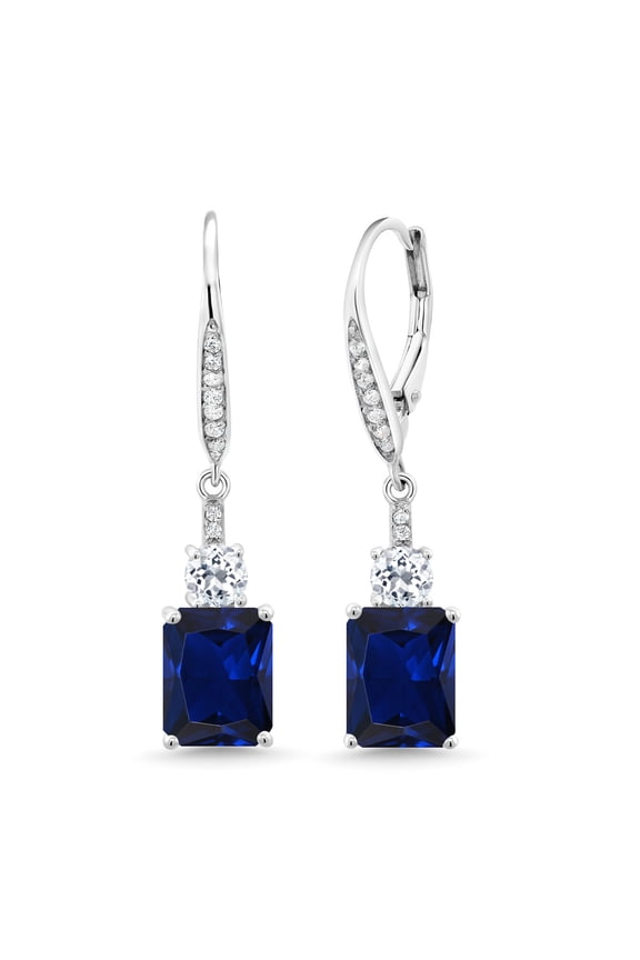 925 Sterling Silver Blue Created Sapphire and White Topaz Dangle Earrings for Women (6.06 Cttw, Gemstone September Birthstone, Octagon 9X7MM)