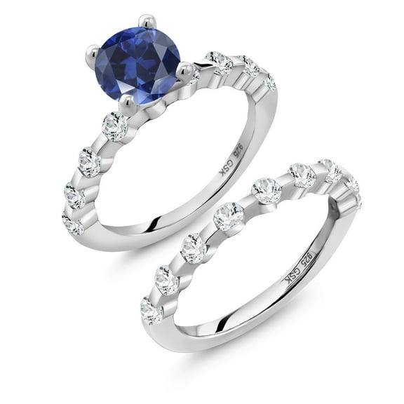 Gem Stone King 925 Sterling Silver Blue Created Sapphire and White Topaz Wedding Engagement Ring Band Bridal Set for Women (2.96 Cttw, Gemstone September Birthstone, Round 7MM, Size 6)