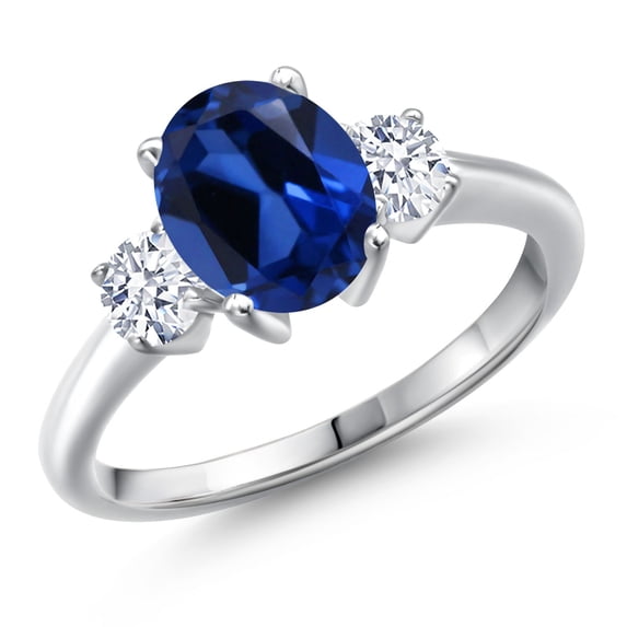 Gem Stone King 925 Sterling Silver Blue Created Sapphire and White Zirconia Engagement Ring for Women | 2.80 Cttw | Oval 9X7MM | Gemstone September Birthstone | Size 5