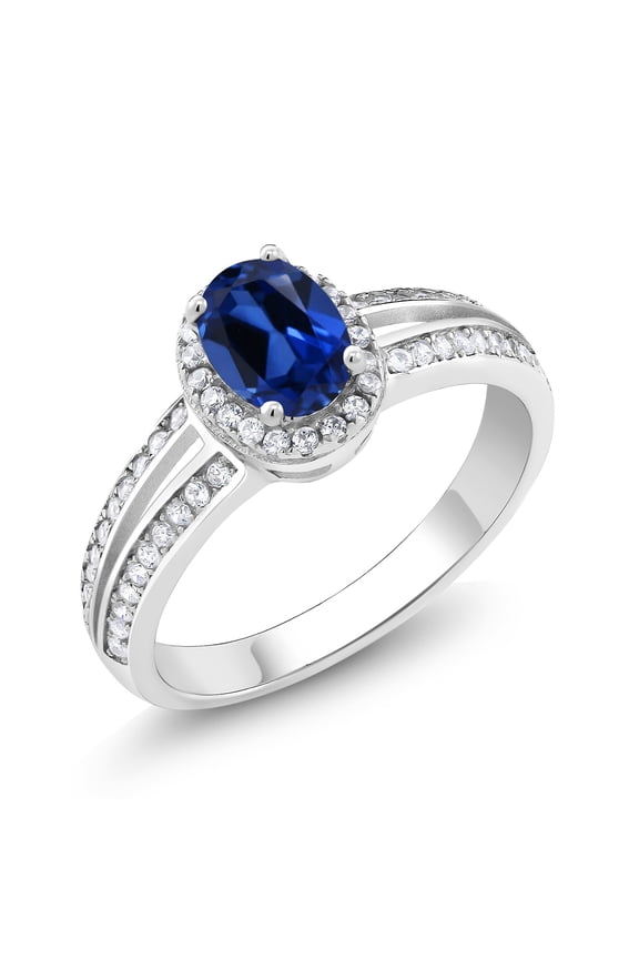 925 Sterling Silver Blue Created Sapphire Women Ring (1.28 Cttw, Oval 7X5MM) | Size 9