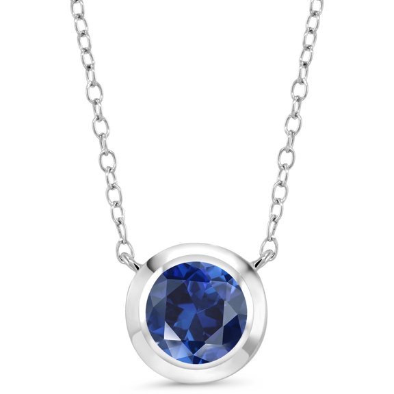 Gem Stone King 925 Sterling Silver Blue Created Sapphire Women Solitaire Pendant Necklace for Women (1.60 Cttw, Round 7MM, with 18 inch Silver Chain)