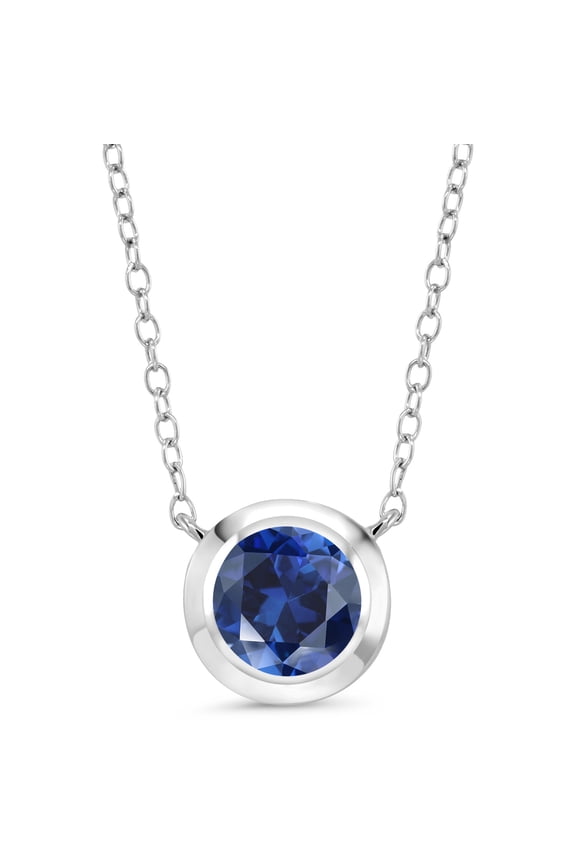 925 Sterling Silver Blue Created Sapphire Women Solitaire Pendant Necklace for Women (1.60 Cttw, Round 7MM, with 18 inch Silver Chain)