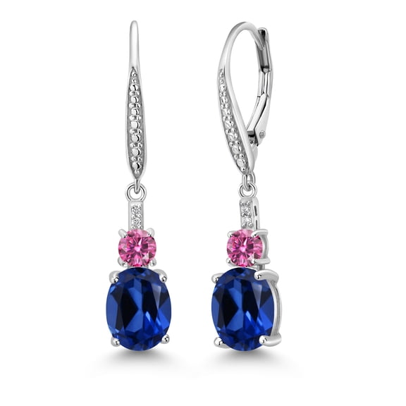 Gem Stone King 925 Sterling Silver Blue Created Sapphire and Pink Moissanite Dangle Earrings for Women with Lab Grown Diamond (5.09 Cttw, Oval 9X7MM)