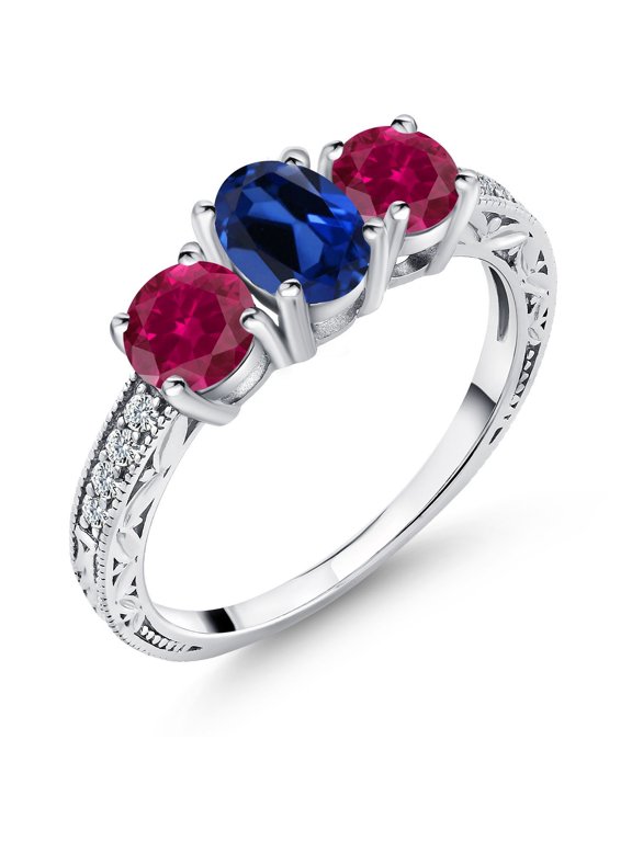 3.12 Cttw Blue Created Sapphire and Red Created Ruby Ring for Women | 925 Sterling Silver | Oval 7X5MM and 5MM | Three Stone Wedding Engagement Anniversary Promise Ring| Size 6