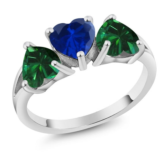Gem Stone King 925 Sterling Silver Blue Created Sapphire and Simulated Emerald 3-Stone Ring for Women (2.16 Cttw, Size 8)