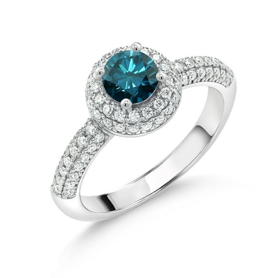 Gem Stone King 925 Sterling Silver Blue Diamond and White Moissanite Engagement Ring for Women (1.11 Cttw, Round 5MM, Available in Size 5, 6, 7, 8, 9)