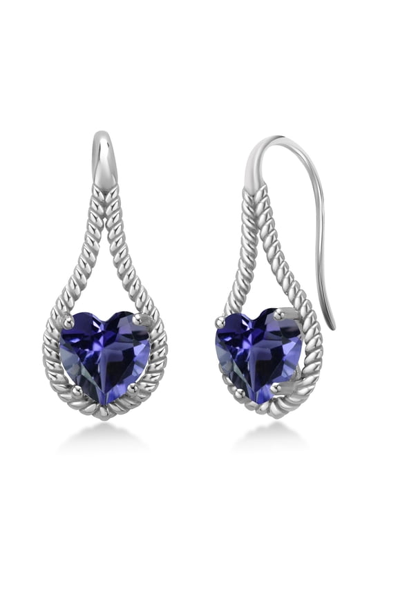 925 Sterling Silver Blue Iolite Dangle Earrings for Women | 1.68 Cttw | Gemstone Birthstone | Heart Shape 7MM