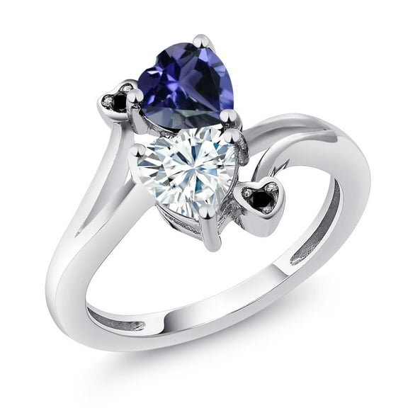 Gem Stone King 925 Sterling Silver Blue Iolite White Moissanite and Black Diamond Ring for Women (1.41 Cttw, Heart Shape 6MM, Gemstone Birthstone, Size 7)