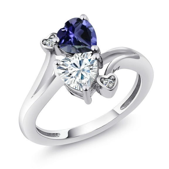 Gem Stone King 925 Sterling Silver Blue Iolite White Moissanite and White Diamond Ring for Women (1.41 Cttw, Heart Shape 6MM, Gemstone Birthstone, Size 9)