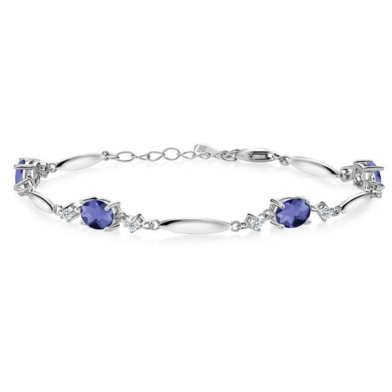 Gem Stone King 925 Sterling Silver Blue Iolite and White Topaz Tennis Bracelet for Women | 2.92 Cttw | Gemstone | Oval Checkerboard 7X5MM | 6 inch + 1 inch Extender