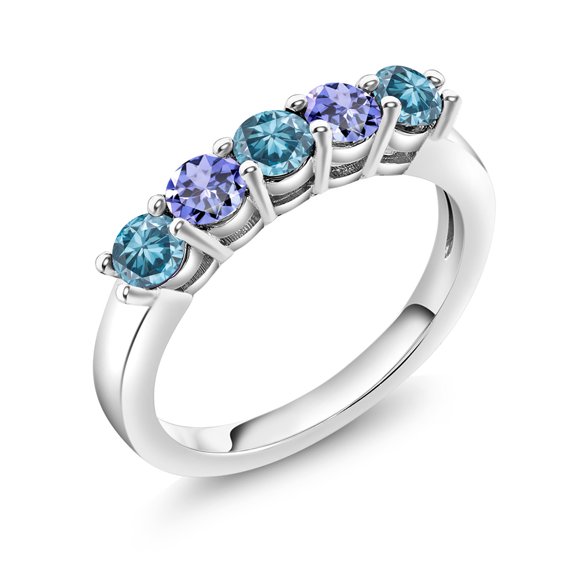 Gem Stone King 925 Sterling Silver Blue Lab Grown Diamond and Blue Tanzanite Wedding-Bands Ring for Women | 0.87 Cttw | Round 3.5MM | Gemstone April Birthstone | Size 6