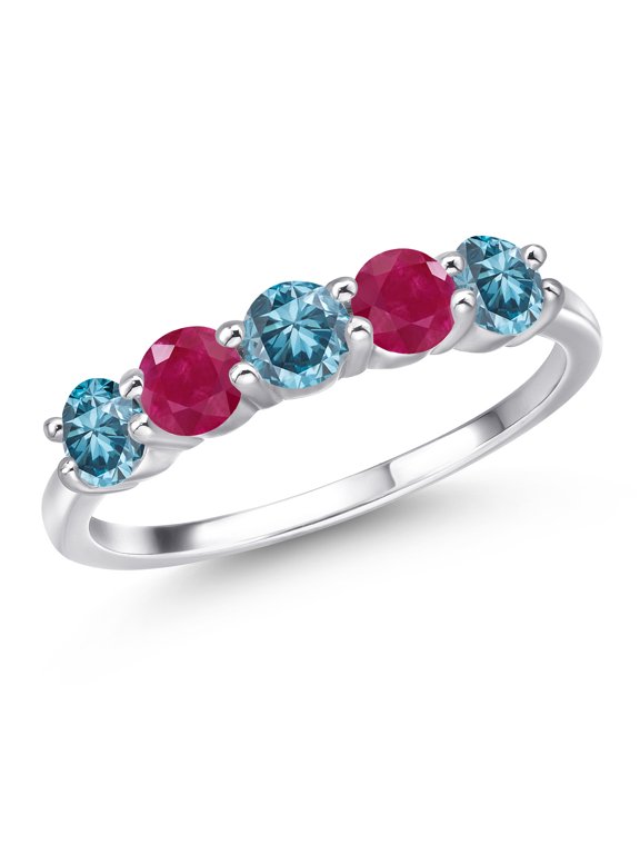 925 Sterling Silver Blue Lab Grown Diamond and Red Ruby Wedding-Bands Ring for Women | 1.51 Cttw | Round 4MM | Gemstone April Birthstone | Size 7