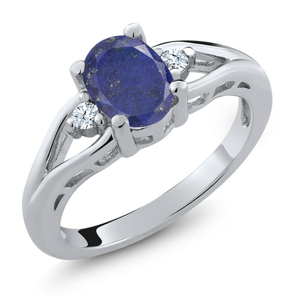 Gem Stone King 925 Sterling Silver Blue Lapis 3 Stone Engagement Ring for Women | 1.46 Cttw | Oval 8X6MM | Round 2MM | Gemstone Birthstone | Size 7