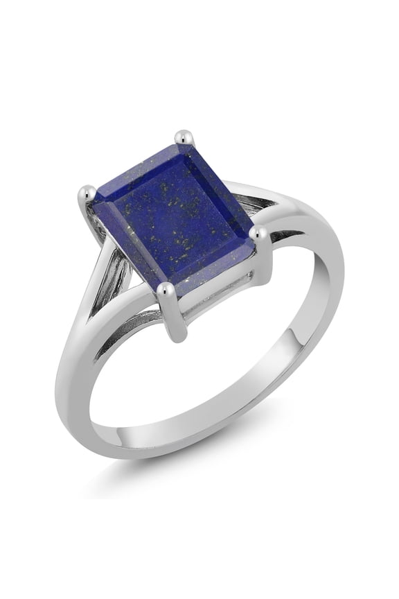 925 Sterling Silver Blue Lapis Solitaire Engagement Ring for Women (2.00 Cttw, Emerald Cut 9X7MM, Gemstone Birthstone, Available in Size 5,6,7,8,9)