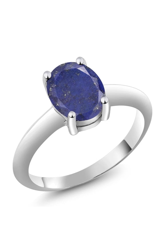 925 Sterling Silver Blue Lapis Solitaire Engagement Ring for Women | 2.00 Cttw | Oval 9X7MM | Gemstone Birthstone | Size 6