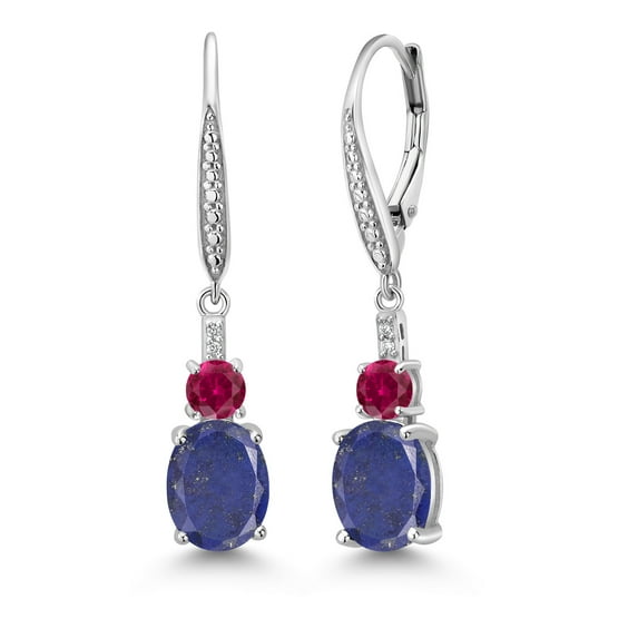 Gem Stone King 925 Sterling Silver Blue Lapis and Red Created Ruby Dangle Earrings for Women with Lab Grown Diamond (4.53 Cttw, Oval 9X7MM)