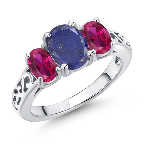 Gem Stone King 925 Sterling Silver Blue Lapis and Red Created Ruby Filigree Style 3 Stone Ring for Women (2.40 Cttw, Oval 8X6MM and 6X4MM, Size 8)