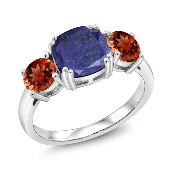 Gem Stone King 925 Sterling Silver Blue Lapis and Red Garnet 3 Stone Engagement Ring for Women (4.00 Cttw, Gemstone, Cushion 8MM, Size 8)