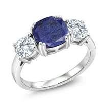 Gem Stone King 925 Sterling Silver Blue Lapis and White Moissanite 3 Stone Engagement Ring for Women (3.00 Cttw, Gemstone, Cushion 8MM, Size 7)