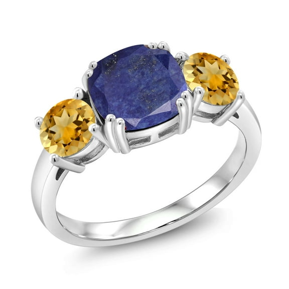 Gem Stone King 925 Sterling Silver Blue Lapis and Yellow Citrine 3 Stone Engagement Ring for Women (3.45 Cttw, Gemstone, Cushion 8MM, Size 8)