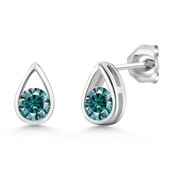 Gem Stone King 925 Sterling Silver Blue Moissanite Teardrop Stud Earrings for Women Men (1.00 Cttw, Gemstone Birthstone, Round 5MM)