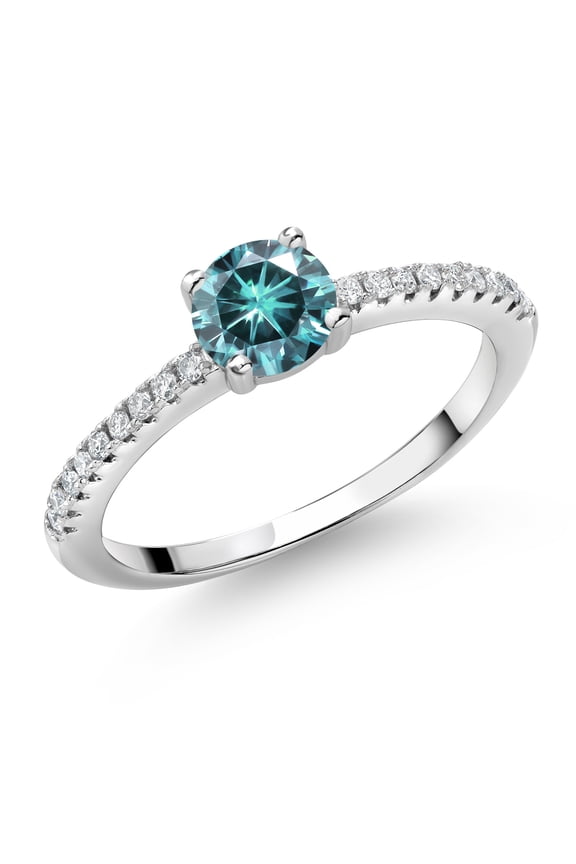 925 Sterling Silver Blue Moissanite and White Lab Grown Diamond Engagement Wedding Anniversary Ring for Women (0.59 Cttw, Round 5MM, Available in Size 5, 6, 7, 8, 9)