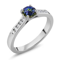 Gem Stone King 925 Sterling Silver Blue Mystic Topaz and White Created Sapphire Engagement Ring for Women | 0.60 Cttw | Round 5MM | Gemstone November Birthstone | Size 7