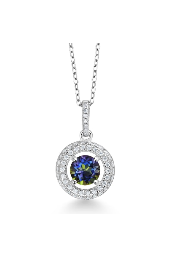 925 Sterling Silver Blue Mystic Topaz and White Moissanite Pendant Necklace for Women (1.25 Cttw, November Birthstone, Round 6MM, 18" Silver Chain)