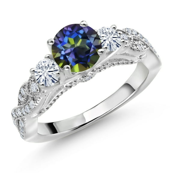 Gem Stone King 925 Sterling Silver Blue Mystic Topaz and White Moissanite Engagement Ring for Women (1.47 Cttw, Gemstone, Round 6MM and 3MM, Size 5)