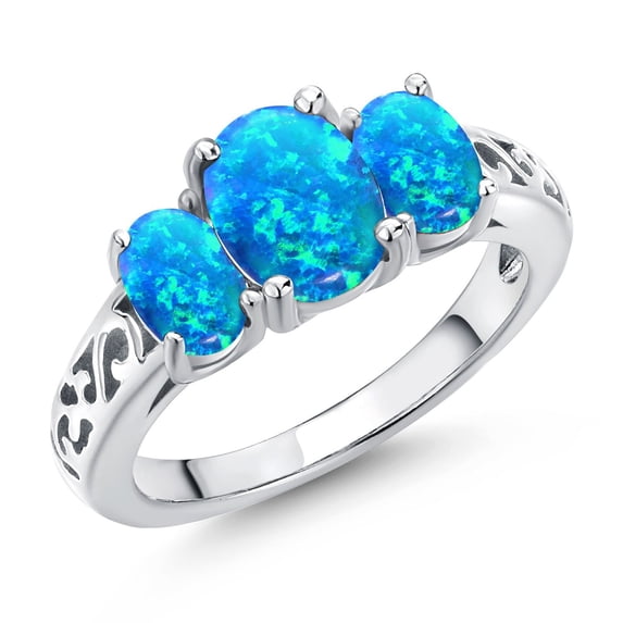 Gem Stone King 925 Sterling Silver Blue Opal Filigree Style 3 Stone Ring for Women (2.06 Cttw, Oval 8X6MM and 6X4MM) (Size 6)