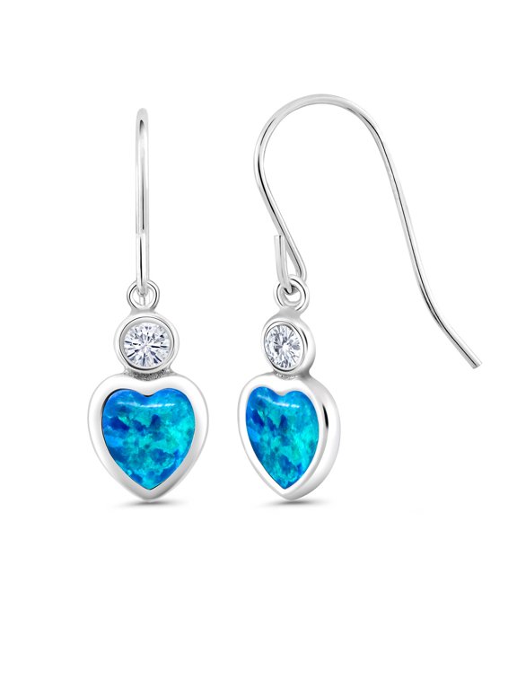 925 Sterling Silver Blue Opal and White Moissanite French Wire Dangle Hook Earrings for Women (1.70 Cttw, Gemstone October Birthstone, Heart Shape 6MM)