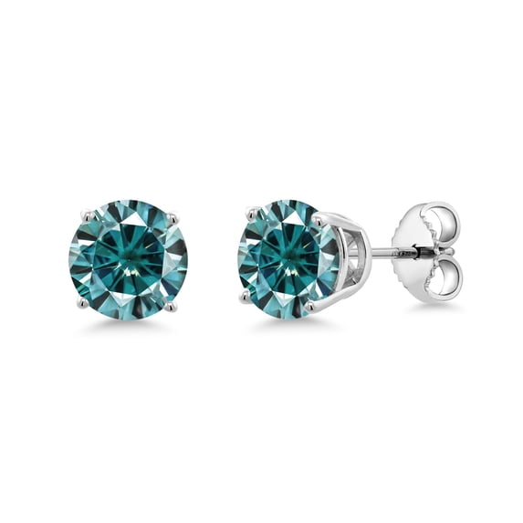 Gem Stone King 925 Sterling Silver Blue Round Moissanite Stud Earrings for Women Men (2.00 Cttw, Round 6.5MM)