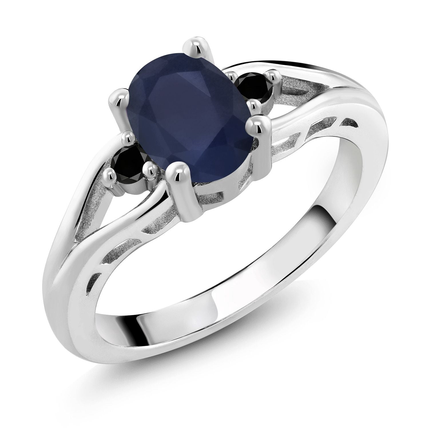 Gem Stone King 925 Sterling Silver Blue Sapphire and Black Diamond 3 Stone Engagement Ring for Women | 1.86 Cttw | Oval 8X6MM | Round 2MM | Gemstone September Birthstone | Size 8