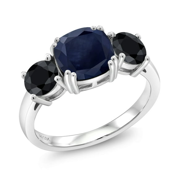 Gem Stone King 925 Sterling Silver Blue Sapphire and Black Sapphire 3 Stone Engagement Ring for Women (4.20 Cttw, Gemstone September Birthstone, Cushion 8MM, Size 6)