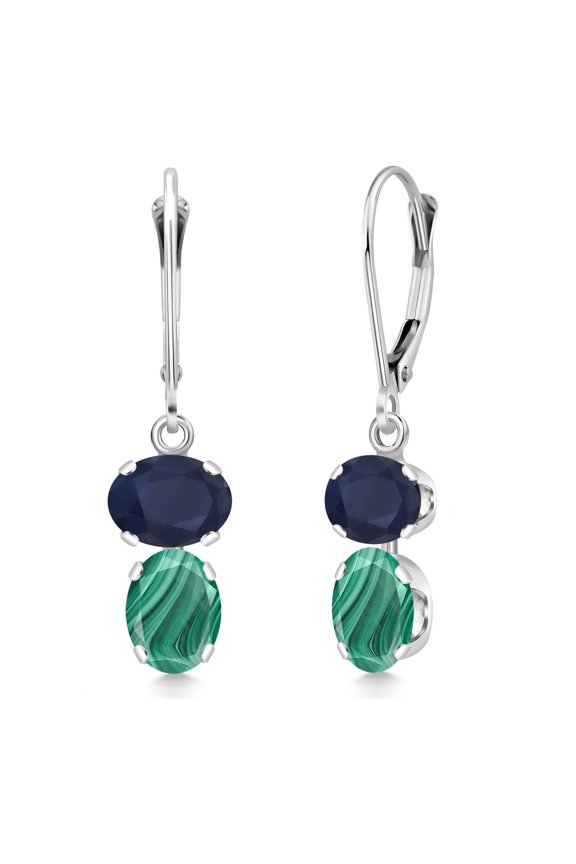 925 Sterling Silver Blue Sapphire and Green Malachite Dangle Earrings for Women | 7.60 Cttw | Gemstone September Birthstone | Oval 8X6MM