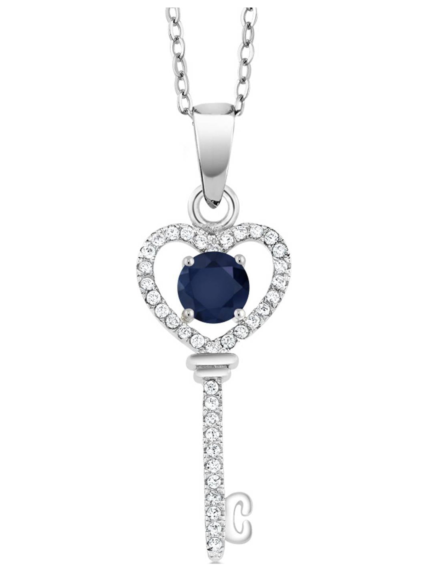 Gem Stone King 925 Sterling Silver Blue Sapphire Heart Key Pendant Necklace for Women 1.04 Cttw Gemstone Birthstone with 18 inch Silver Chain Walmart