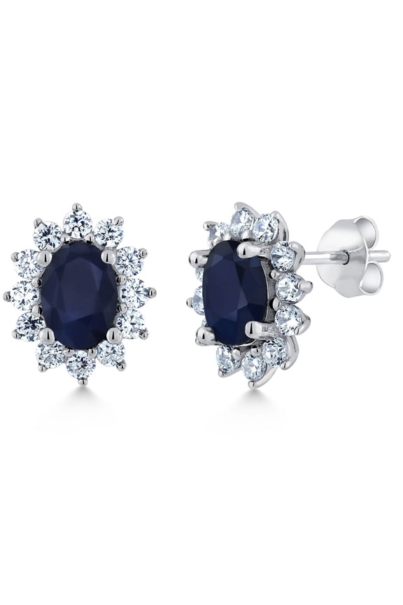 925 Sterling Silver Blue Sapphire Jewelry Halo Princess Diana Kate Middleton Post Earrings for Women (2.76 Cttw, Oval 7X5MM)