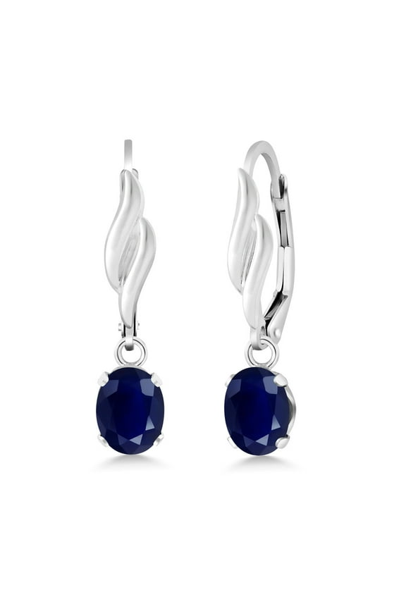 925 Sterling Silver Blue Sapphire Leverback Dangle Drop Earrings for Women (2.00 Cttw, Gemstone September Birthstone, Oval 7X5MM)