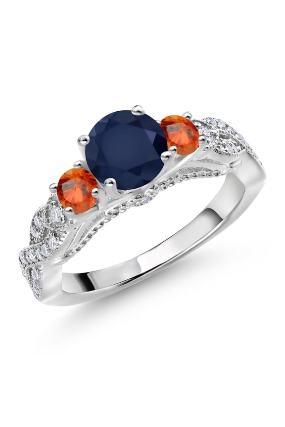 1.69 Cttw Blue Sapphire Orange Sapphire and White Moissanite Ring for Women | 925 Sterling Silver | Round 6MM and 3MM | Wedding Engagement Anniversary Promise Ring for Women | Size 8