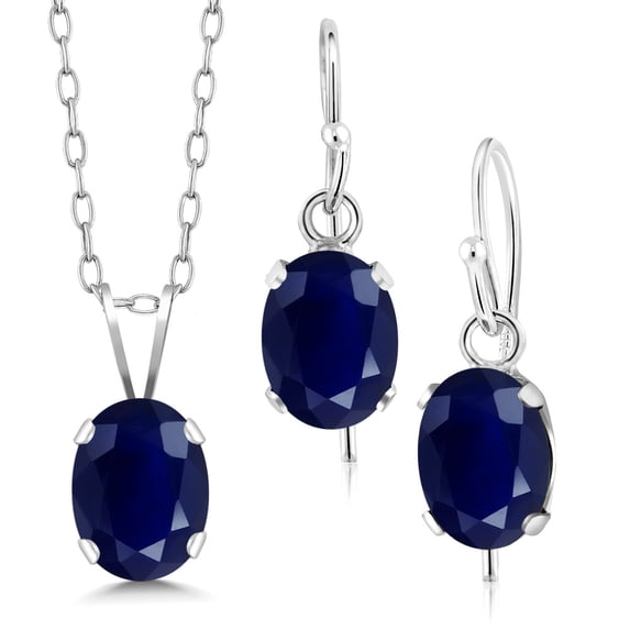 Gem Stone King 925 Sterling Silver Blue Sapphire Pendant and Earrings Jewelry Set for Women (3.06 Cttw, Oval 7X5MM, Gemstone September Birthstone, With 18 inch Silver Chain)