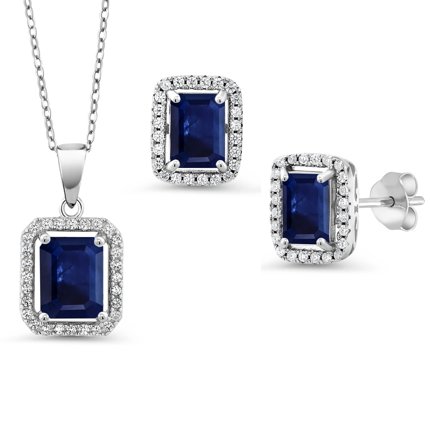 Gem Stone King 925 Sterling Silver Blue Sapphire Pendant and Earrings ...