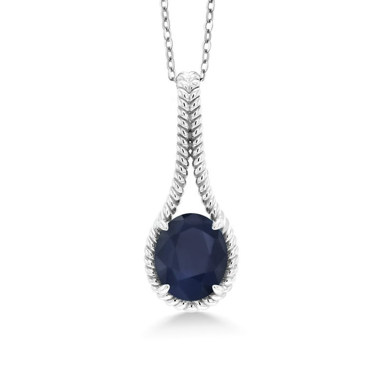 Gem Stone King 925 Sterling Silver Blue Sapphire Pendant Necklace For Women  (5.00 Cttw Oval 12X10MM With 18 inch Silver Chain)