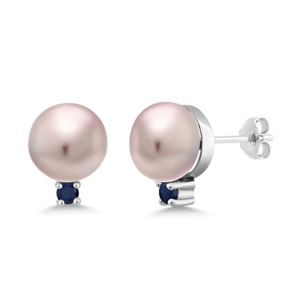 Gem Stone King 925 Sterling Silver Blue Sapphire Purple Lavender Cultured Freshwater Pearls Earrings for Women (0.09 Cttw, Gemstone September Birthstone, Round 2MM)