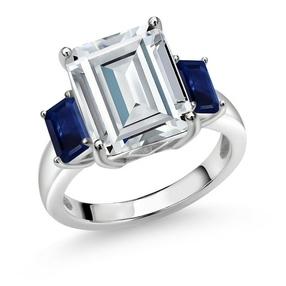 Gem Stone King 925 Sterling Silver Blue Sapphire Ring Set with Emerald Cut Moissanite (8.61 Cttw) (Size 6)